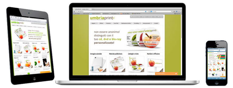 Sito e-commerce UmbriaPrint.it su tablet, portatile e smartphone – sviluppo web 300dpi STUDIO